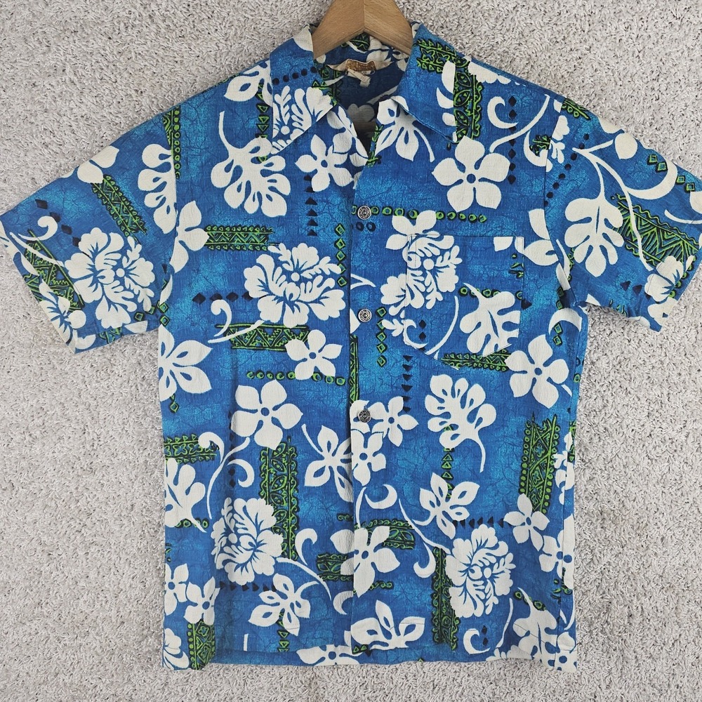 Vintage 50s 60s Royal Hawaiian Barkcloth Aloha Shirt Loop Collar Hibiscus Mens M